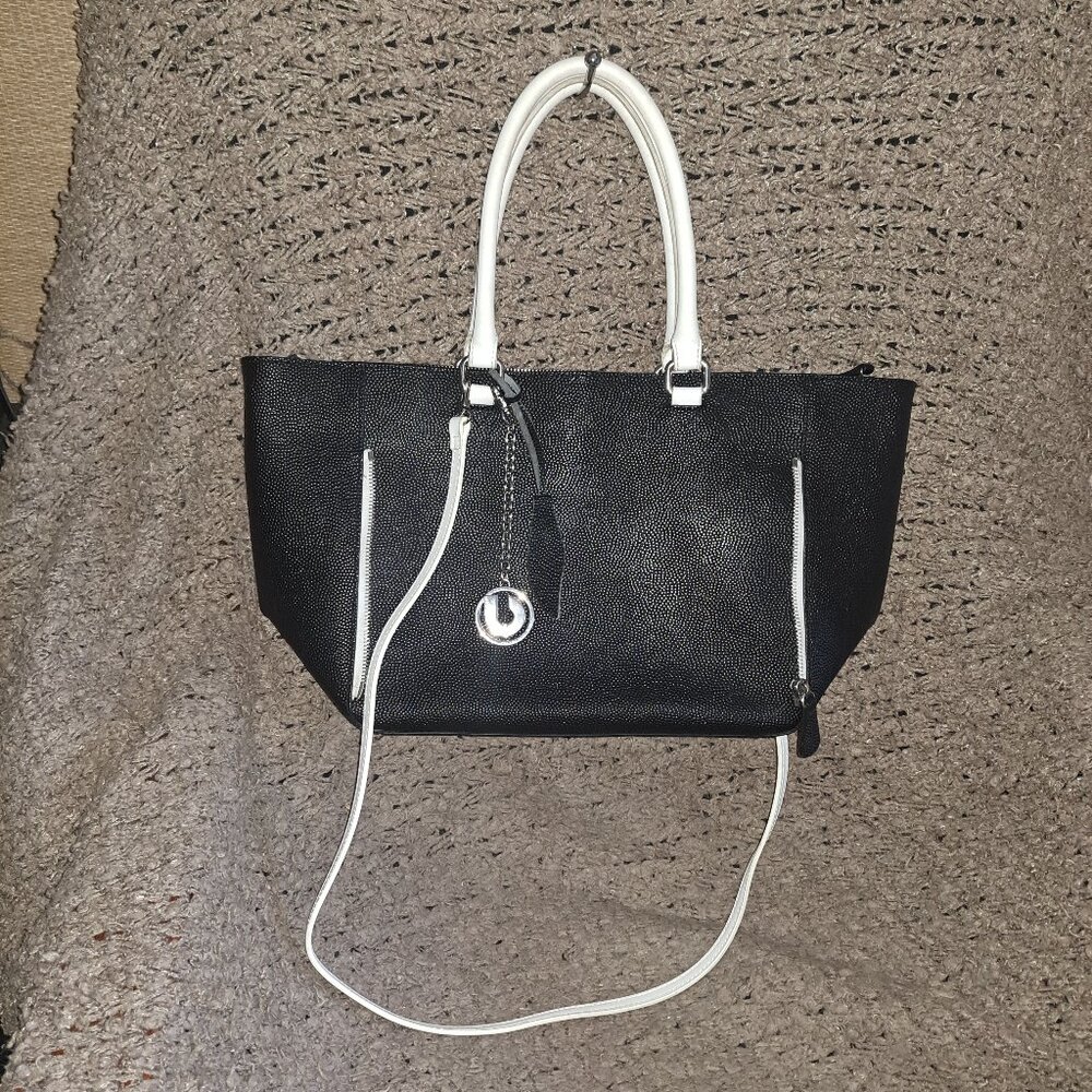 CHARLES JOURDAN-Black/White Leather Satchel/Shoulder Strap-Large Bag-Excellent